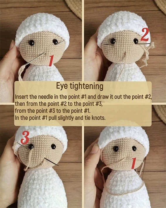 Amigurumi sheep eye tightening