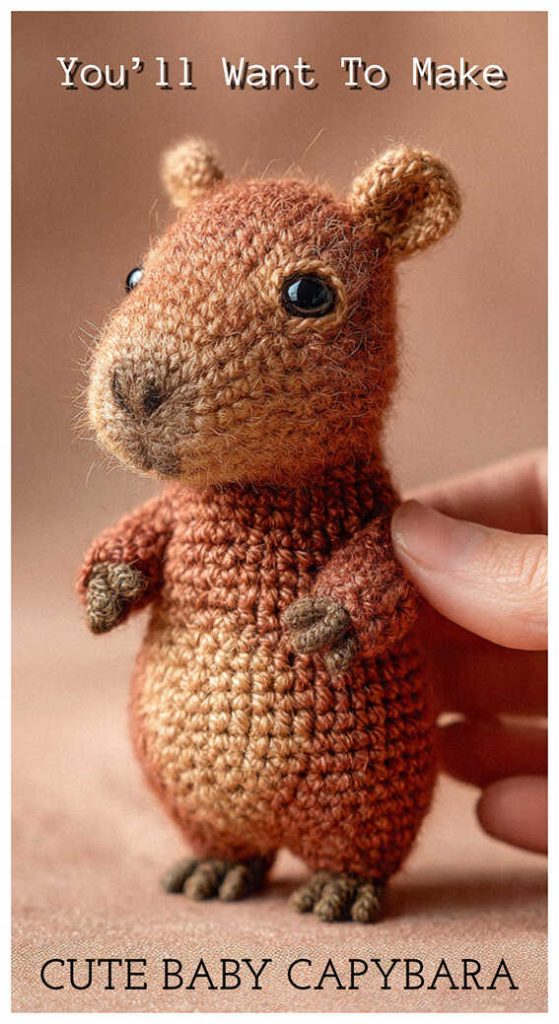 small crochet capybara amigurumi held in hand cute handmade capybara toy warm tone yarn