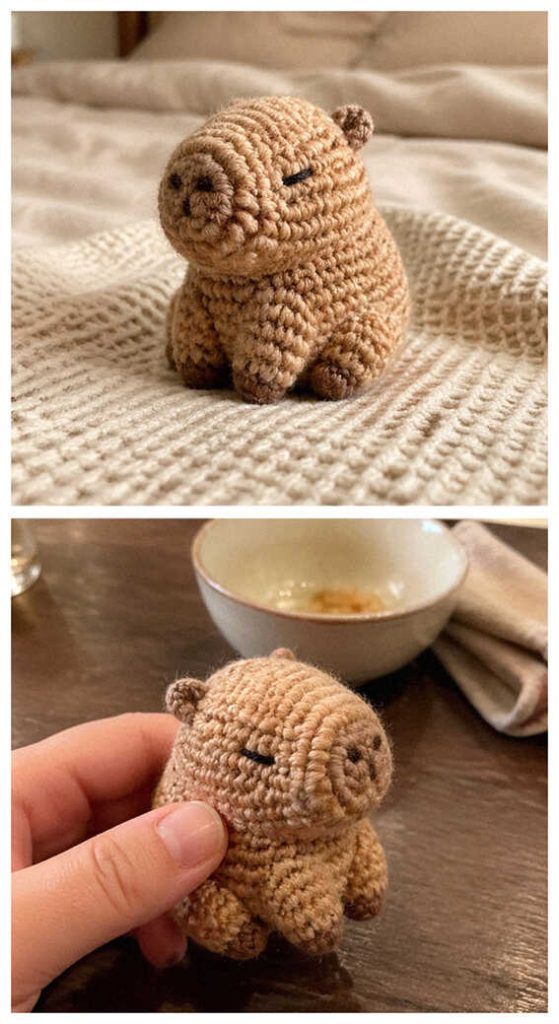tiny crochet capybara amigurumi plush cute handmade capybara toy textured yarn detail