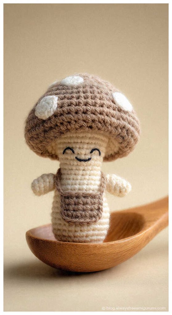 Beige mushroom amigurumi doll standing in wooden bowl, cozy handmade nursery decor idea