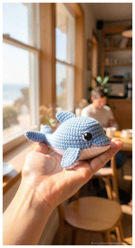 Small baby dolphin amigurumi held in hand near a sunny window, soft blue ocean nursery crochet decor idea