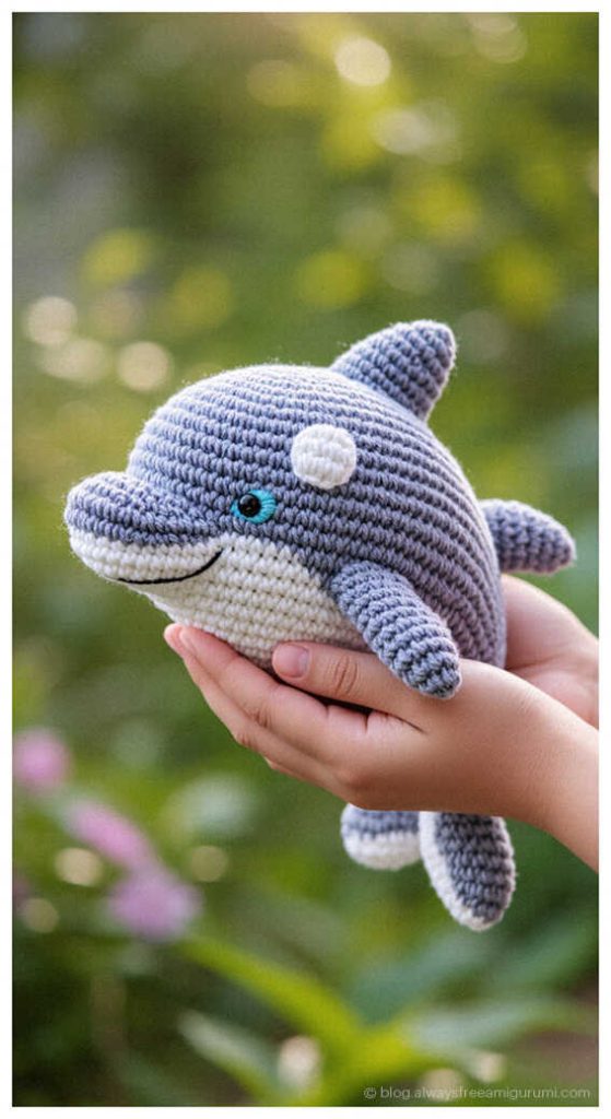 Cute gray dolphin amigurumi plush toy in hand outdoors, ocean animal crochet gift idea for kids