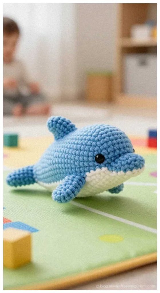Blue baby dolphin amigurumi on play mat, soft crochet sea animal toy for nursery decor inspiration