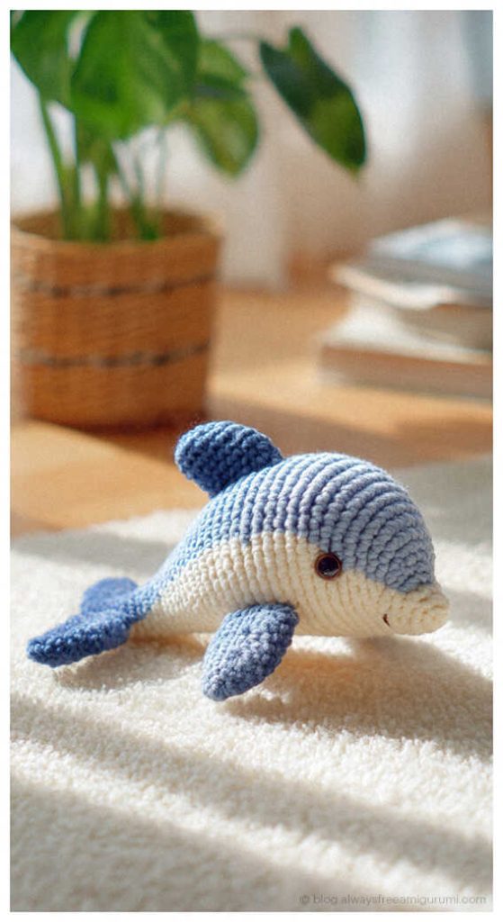 Handmade blue dolphin amigurumi on soft blanket, cute sea animal crochet toy for baby room styling