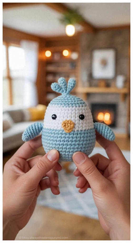 Small blue winter bird amigurumi held in hands by fireplace, cozy handmade crochet decor idea