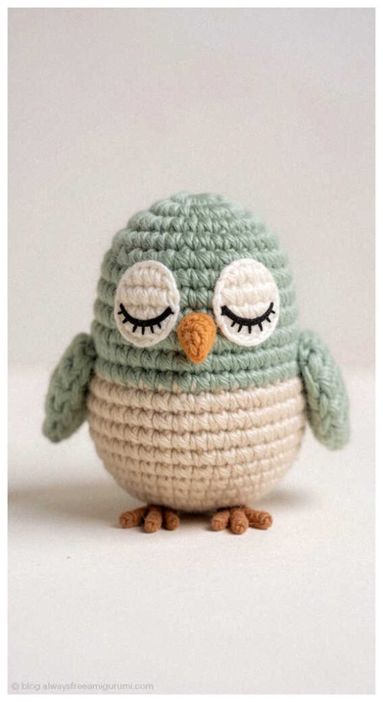 Cute green owl amigurumi with closed eyes, handmade winter crochet nursery decor inspiration