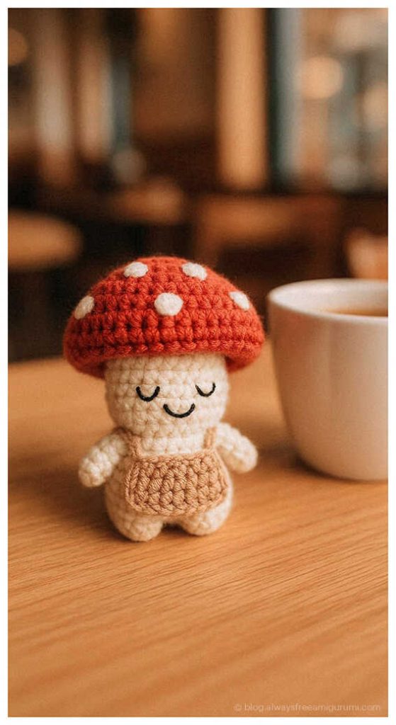 Small red mushroom amigurumi doll on table by coffee cup, cozy handmade gift idea