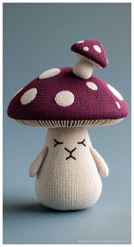 Purple mushroom amigurumi doll with white spots, whimsical handmade crochet decor idea