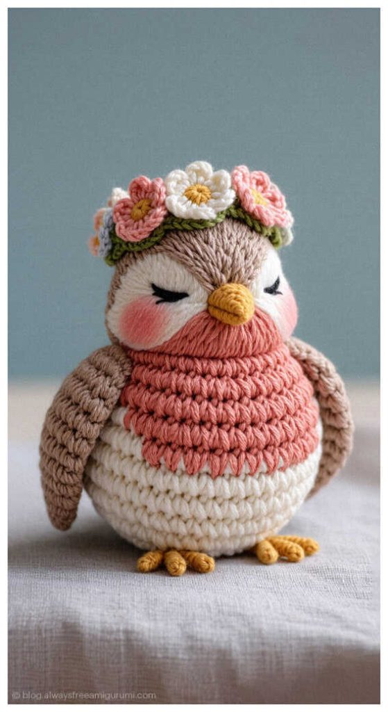 Pink and brown owl amigurumi with flower crown, winter crochet decor idea