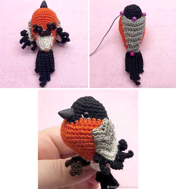 Free bird amigurumi crochet pattern bullfinch assembly steps, attaching wings and tail detail