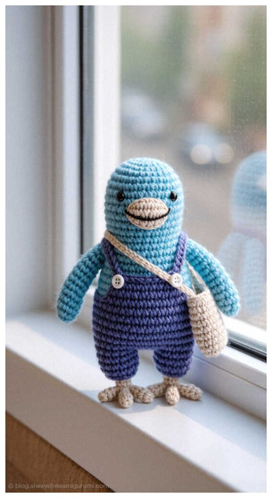 Blue winter bird amigurumi standing by window, handmade crochet decor inspiration