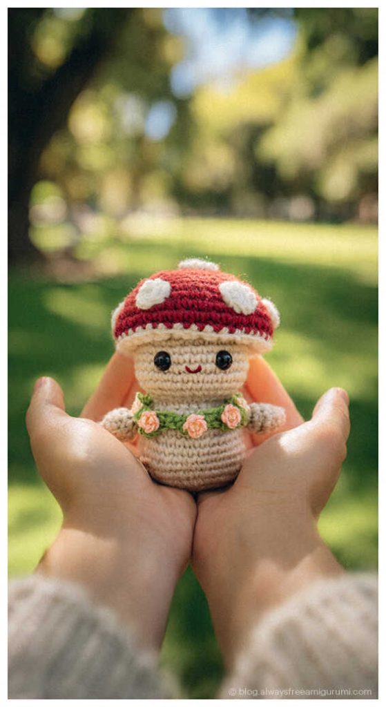 Purple mushroom amigurumi doll with white spots, whimsical handmade crochet decor idea