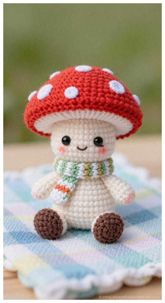 Adorable mushroom doll amigurumi with scarf, cozy handmade crochet toy idea