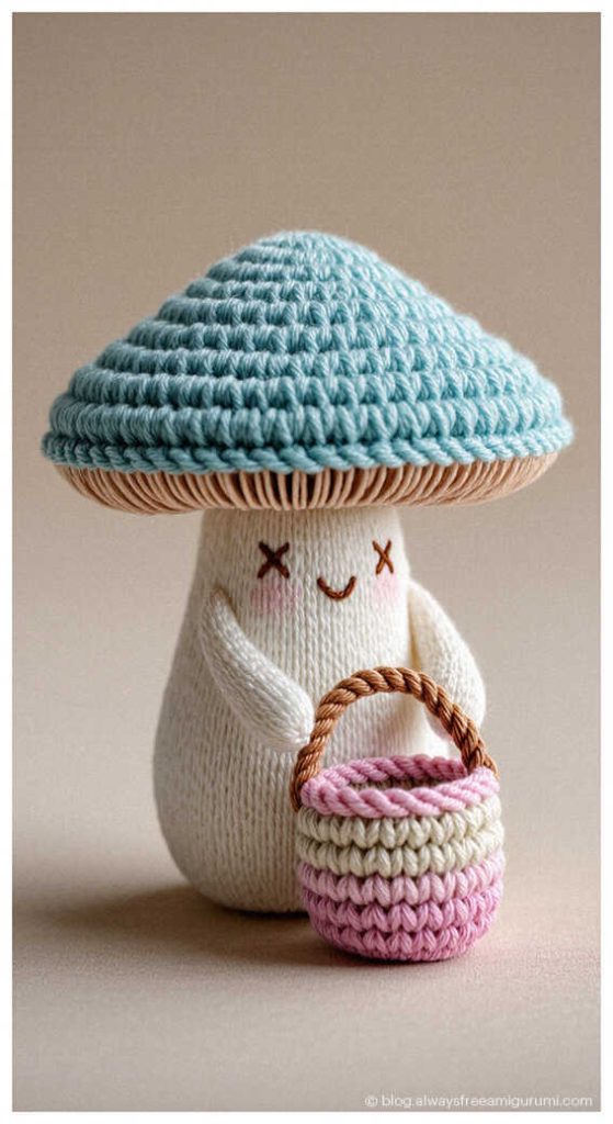 Tiny red mushroom amigurumi doll in hand, whimsical handmade nursery decor idea