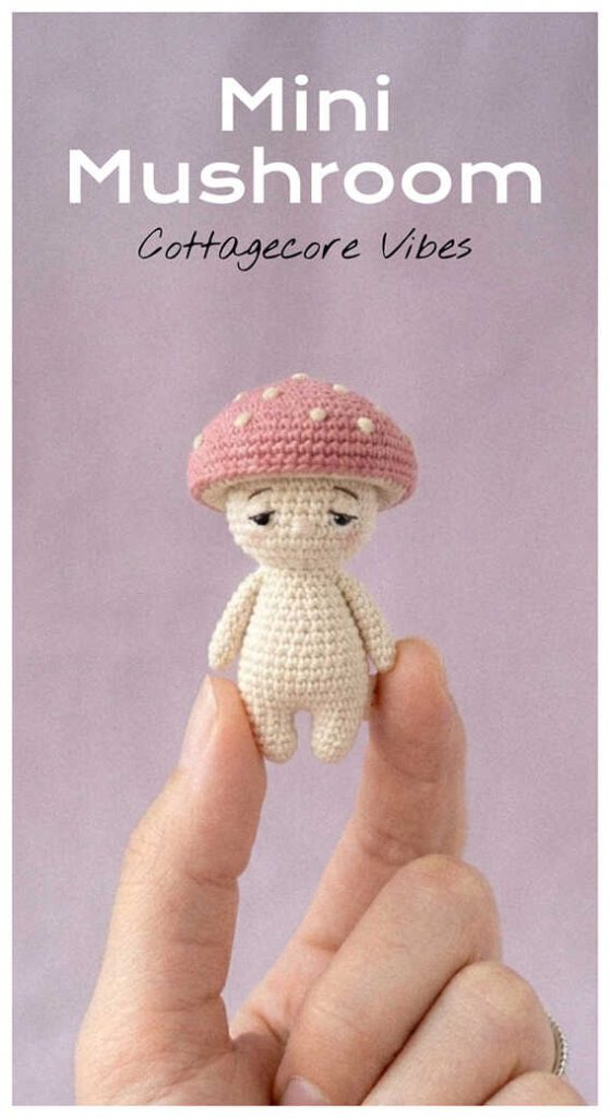 Mini mushroom doll amigurumi in hand, cute cottagecore crochet toy idea