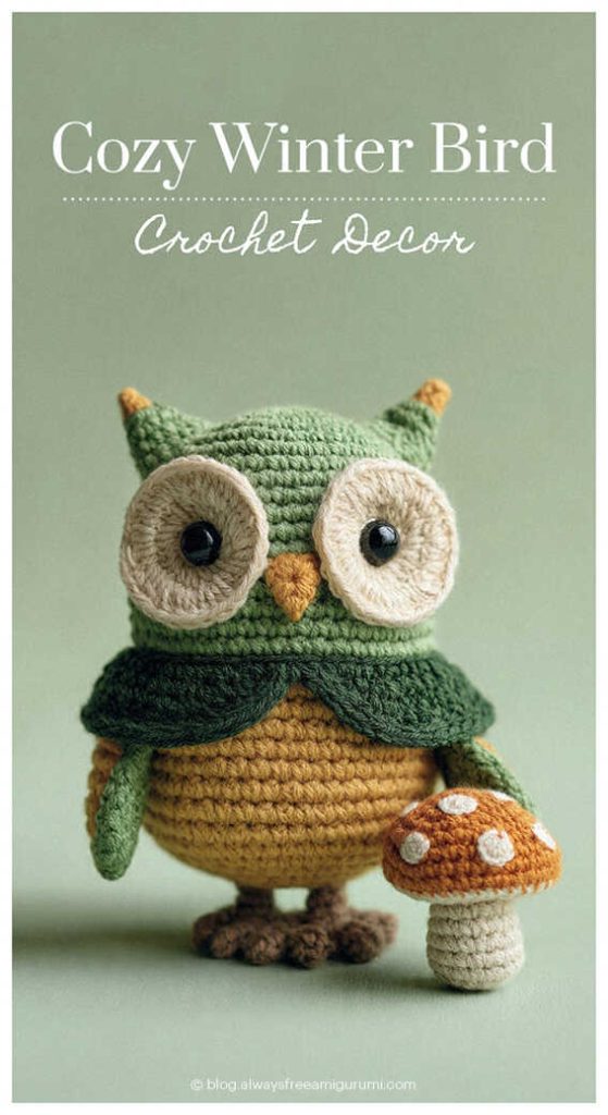 Cozy winter owl amigurumi crochet decor with mushroom accessory, handmade seasonal gift idea