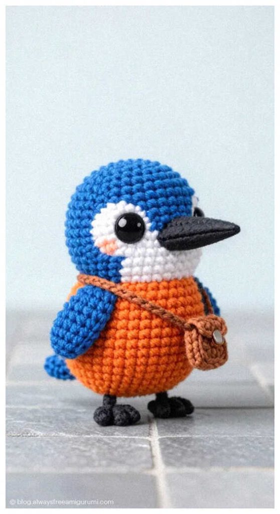 Bright blue winter bird amigurumi with orange scarf and bag, cute handmade crochet toy
