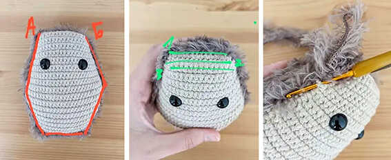Baby hedgehog amigurumi assembly steps showing shaping lines and fluffy yarn attachment for spikes