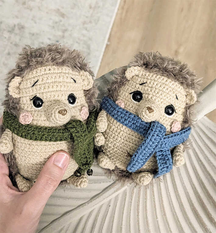 Baby hedgehog amigurumi free crochet pattern with fluffy spikes and scarves, cute handmade woodland gift idea