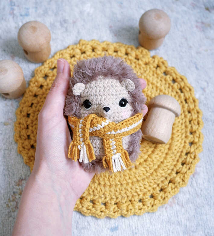 Baby hedgehog amigurumi free crochet pattern with fluffy spikes and scarf, cute handmade woodland nursery gift