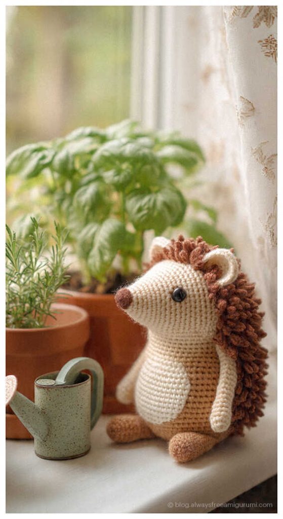 Woodland hedgehog amigurumi sitting by plant pots, charming handmade crochet decor for nursery or gift