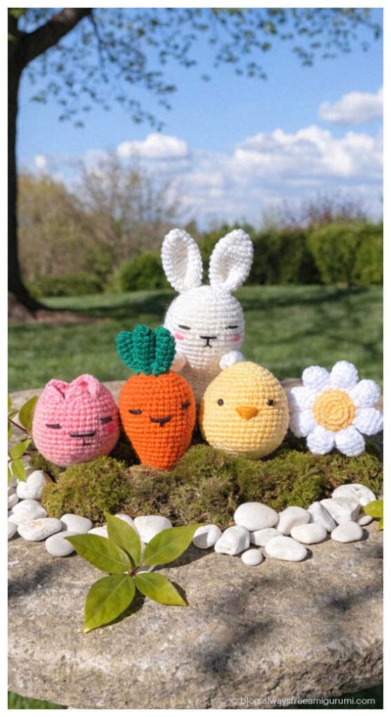 crochet bunny carrot chick and flower amigurumi set displayed outdoors cute handmade easter toys