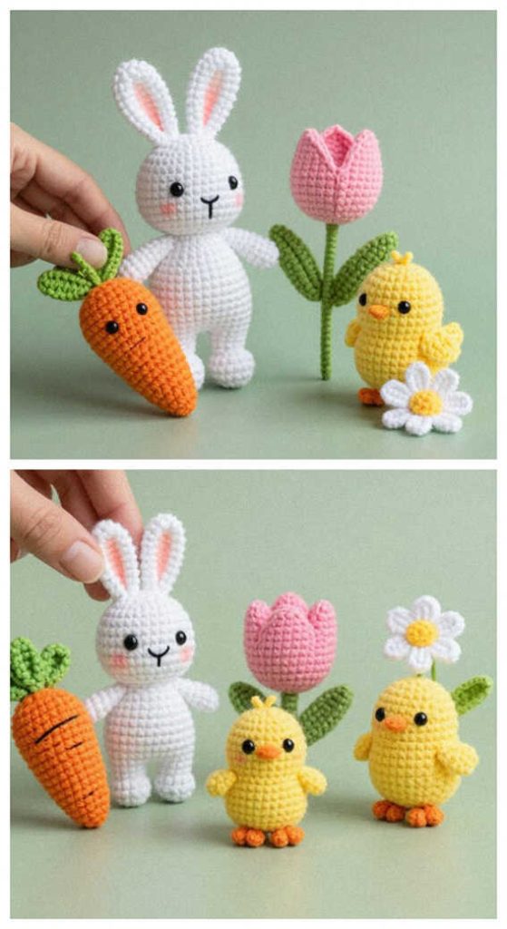 mini crochet bunny with carrot tulip and chick amigurumi set cute handmade easter toy collection