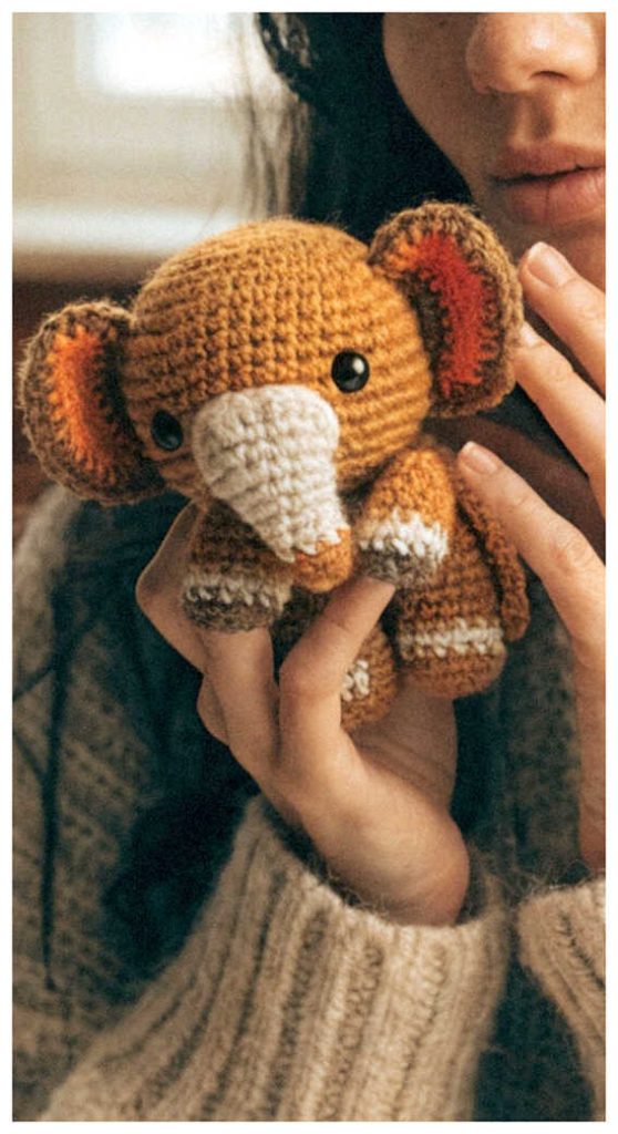 small crochet elephant amigurumi doll held in hand cute handmade elephant toy close up