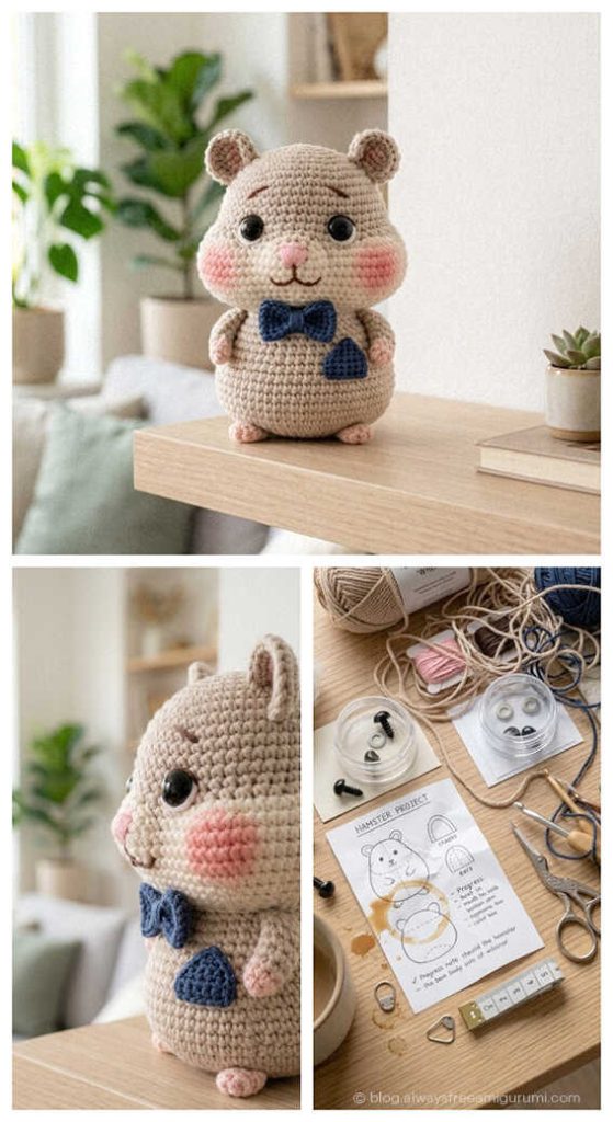 cute hamster amigurumi crochet doll on wooden shelf handmade hamster crochet toy nursery decor idea