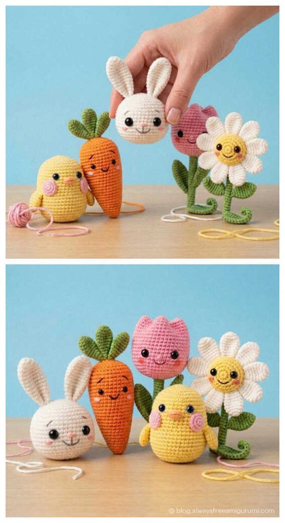 mini crochet bunny carrot chick tulip and daisy amigurumi set colorful handmade easter toy collection