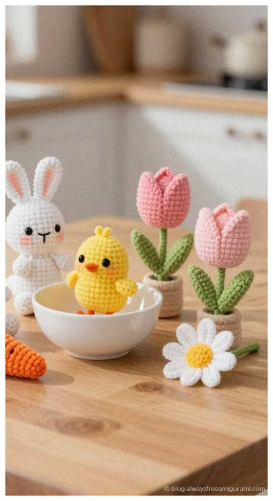 crochet bunny chick tulip and daisy amigurumi set on a table cute handmade easter decor toys