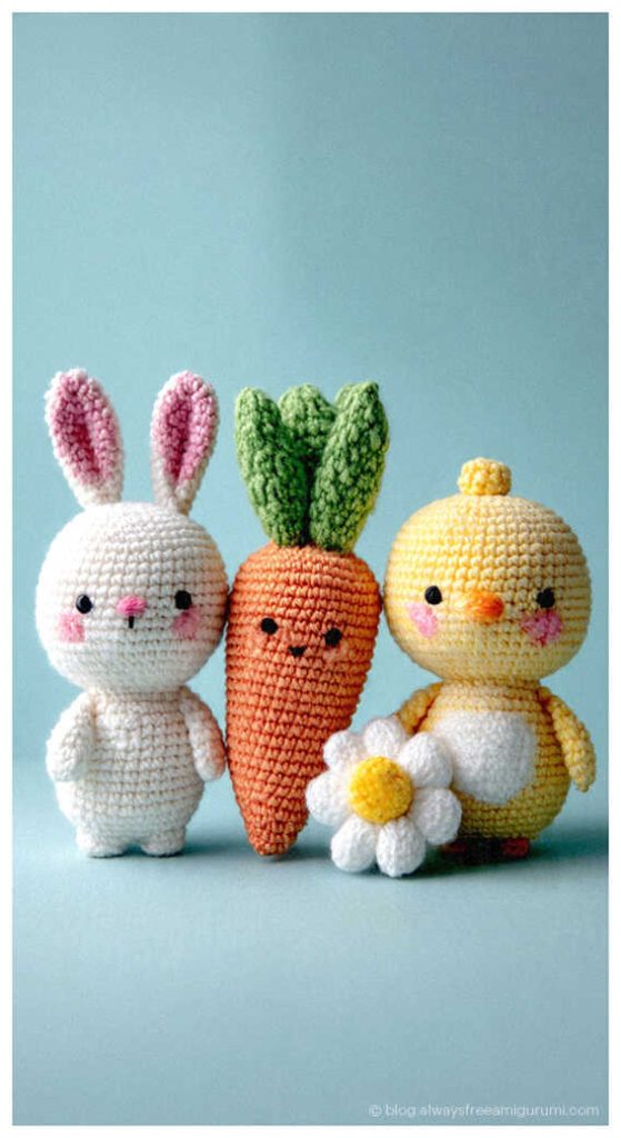 crochet bunny carrot chick and flower amigurumi set on blue background cute handmade easter toys