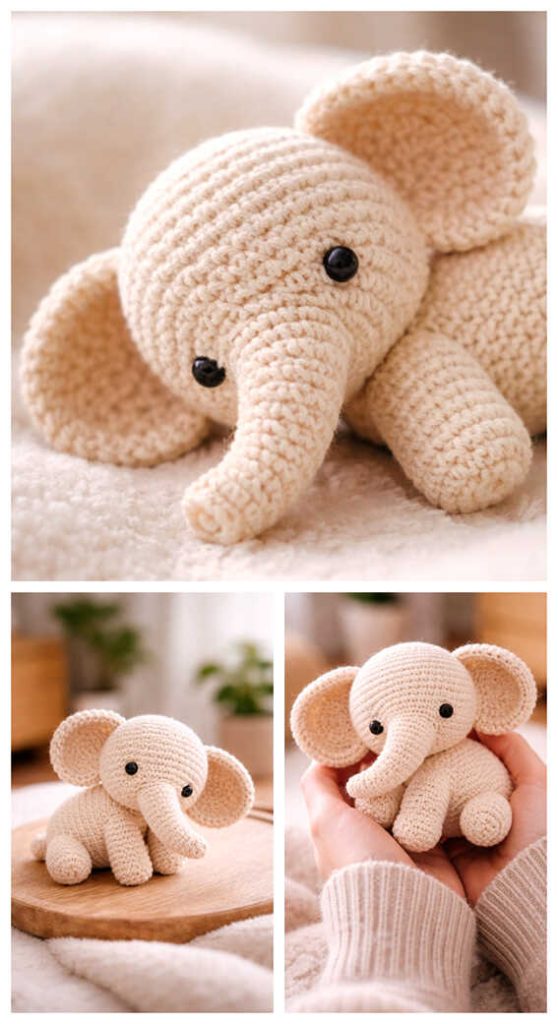 small crochet elephant amigurumi lying down cute handmade elephant plush toy