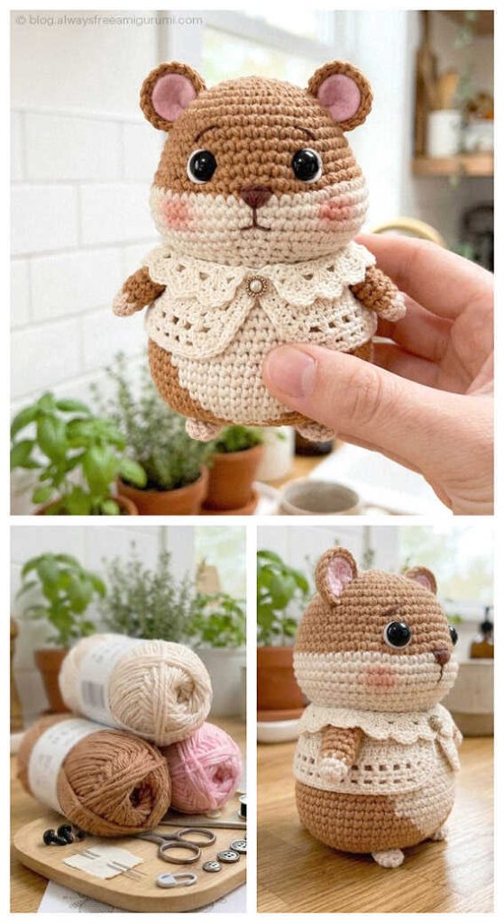cute hamster amigurumi crochet doll with collar chubby handmade hamster crochet toy gift idea