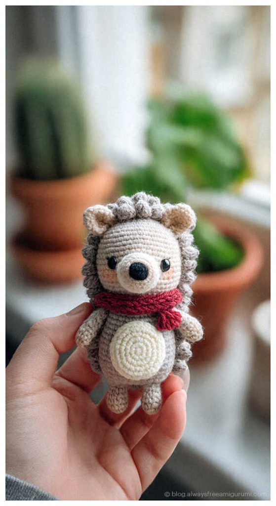 Tiny hedgehog amigurumi with red scarf held in hand, cute handmade crochet gift idea