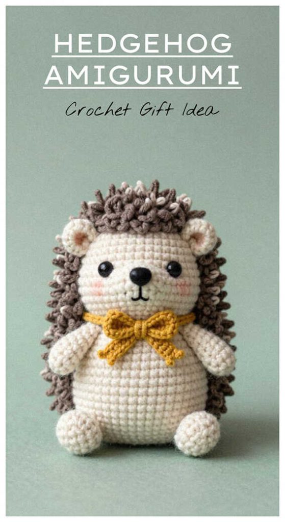 Classic hedgehog amigurumi doll with bow, adorable crochet gift idea for handmade decor