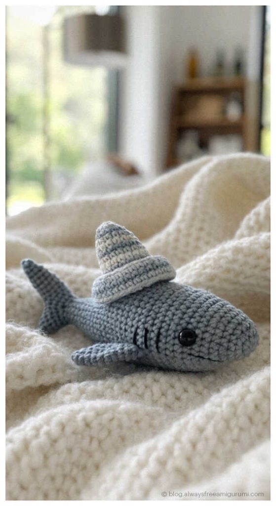 tiny gray crochet shark amigurumi resting on a soft cream blanket small handmade ocean animal toy