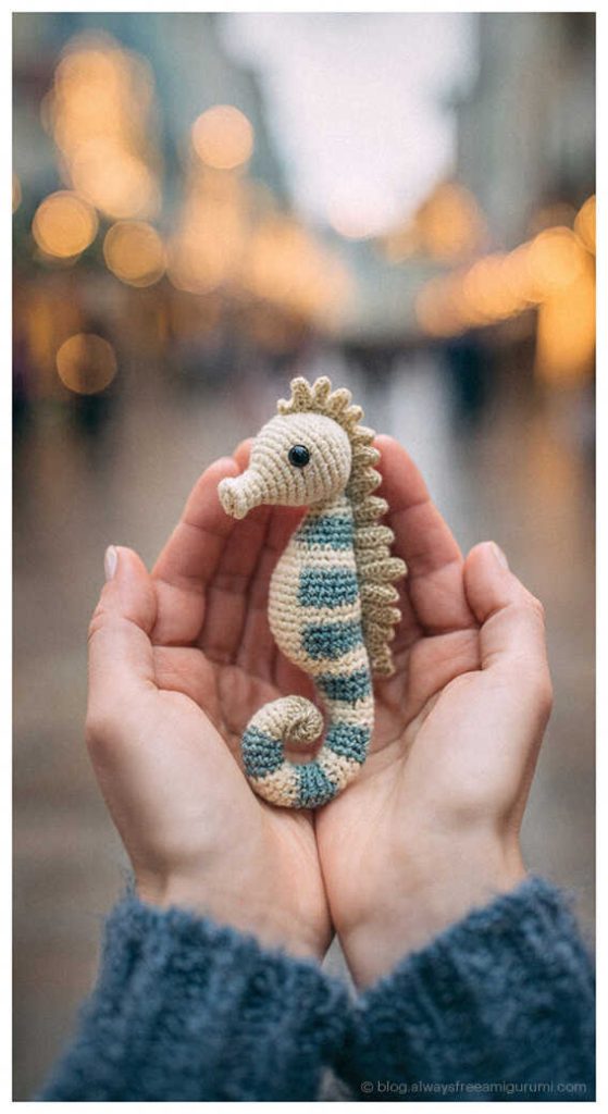 tiny seahorse amigurumi crochet doll held in hand cute ocean animal crochet gift idea