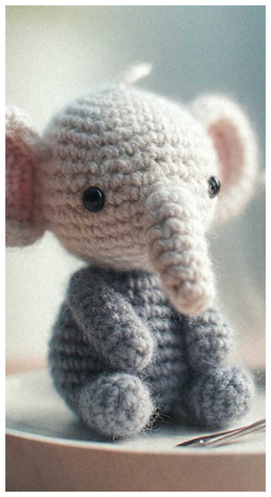 tiny gray crochet elephant amigurumi sitting on a cup cute handmade elephant toy close up