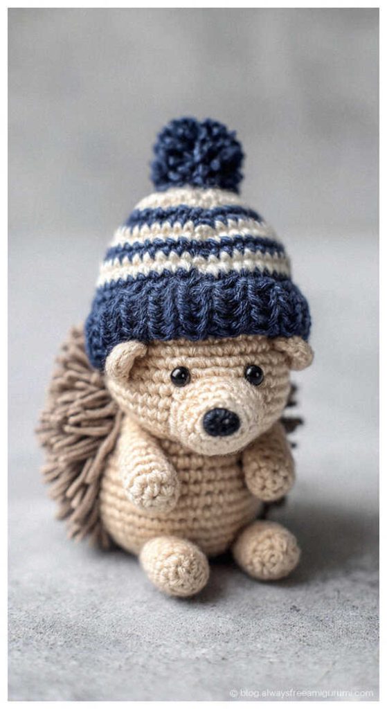 Winter hedgehog amigurumi wearing knitted hat, cute handmade crochet gift idea