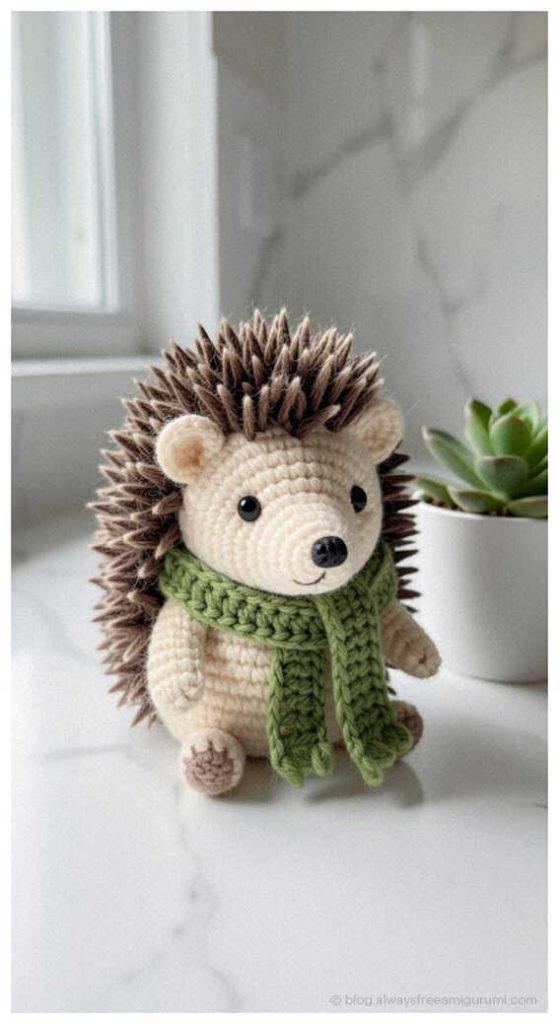Woodland hedgehog amigurumi with green scarf by window, cozy handmade crochet nursery gift