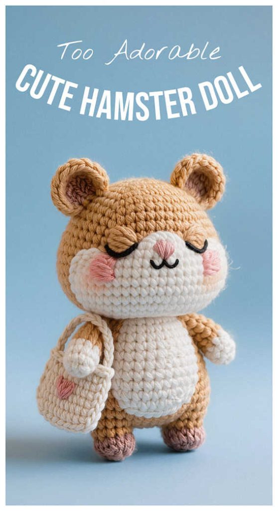 cute hamster amigurumi crochet doll standing with tiny bag handmade crochet toy gift idea