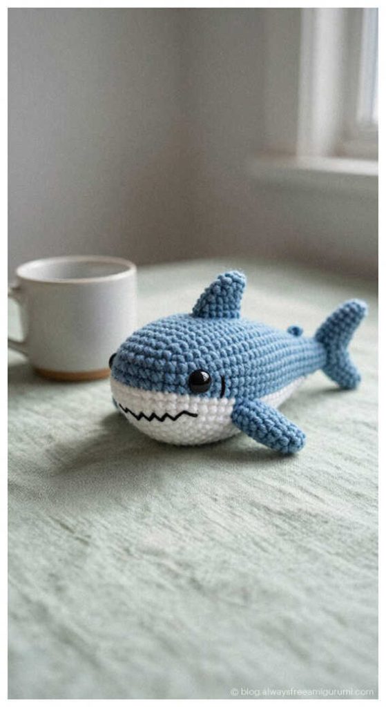 blue crochet shark amigurumi toy on a table cute handmade ocean animal crochet plush