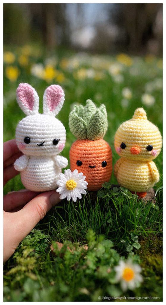 crochet bunny carrot chick and daisy amigurumi set on grass cute handmade easter toys outdoor scene
