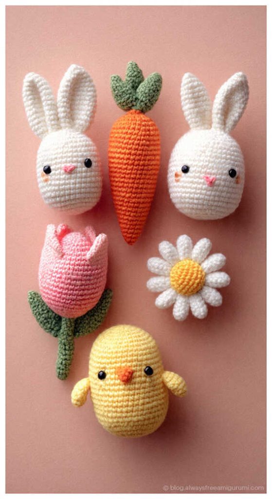 mini crochet bunny carrot chick tulip and daisy amigurumi set flat lay cute handmade easter toys