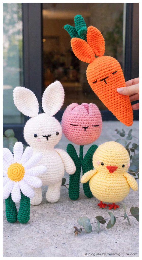 crochet bunny carrot chick tulip and daisy amigurumi set cute handmade easter toys display