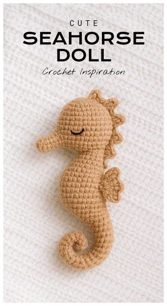 cute seahorse amigurumi crochet doll beige handmade ocean animal plush crochet gift idea