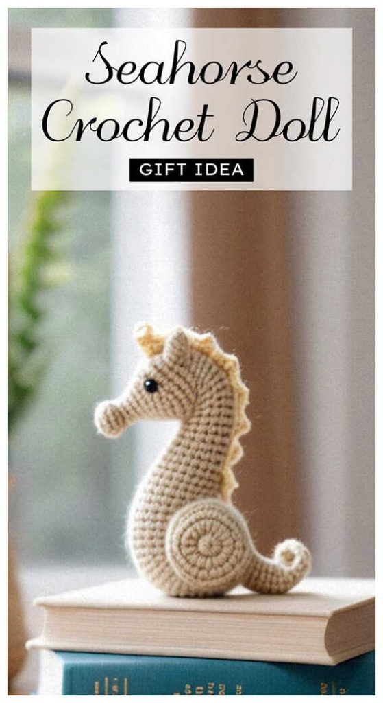 beige seahorse amigurumi crochet doll on book stack handmade ocean animal crochet decor idea