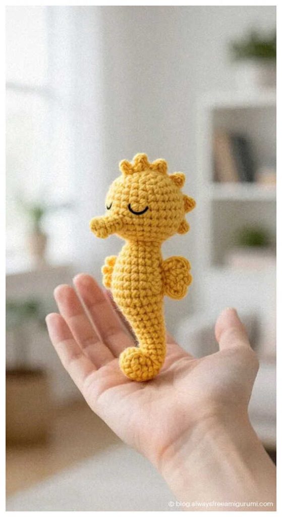 yellow seahorse amigurumi crochet doll resting on hand cute handmade ocean crochet gift idea