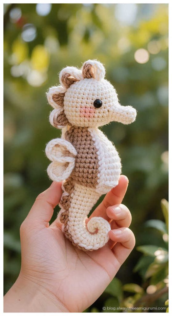 cream seahorse amigurumi crochet doll held in hand cute handmade ocean themed crochet toy